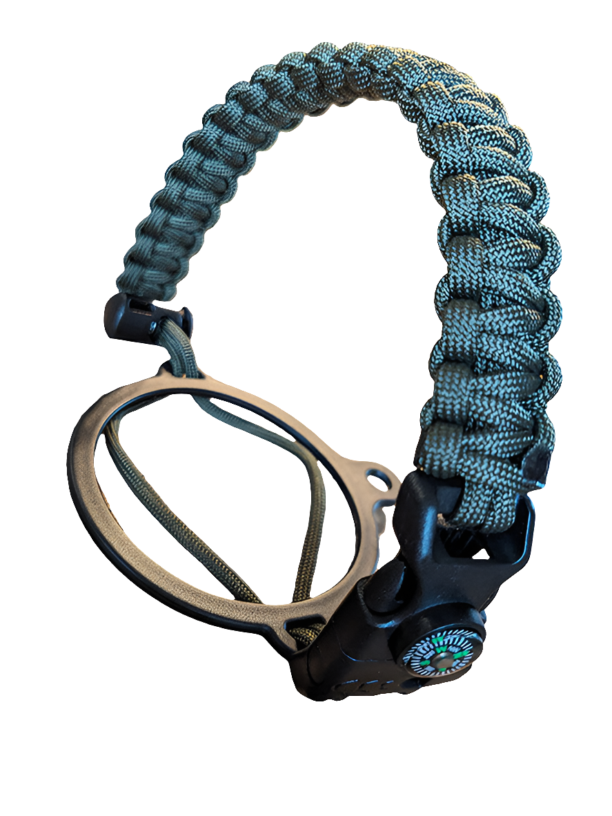 Water bottle handle with survival buckle (flint starter, compass, and whistle)
